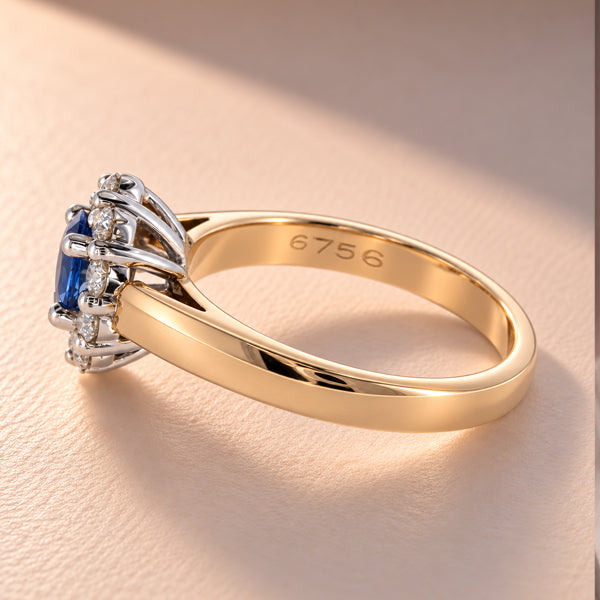 Ceylon Sapphire & Diamond Cluster Ring in 9ct Yellow Gold