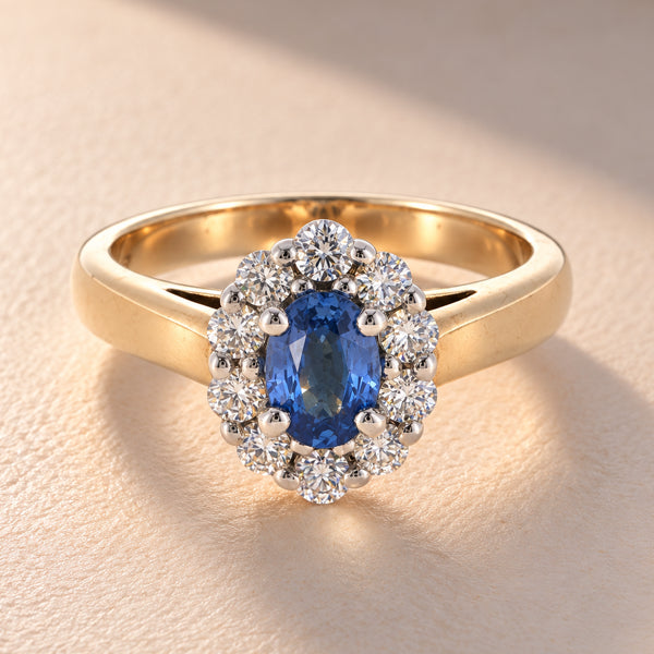Ceylon Sapphire & Diamond Cluster Ring in 9ct Yellow Gold