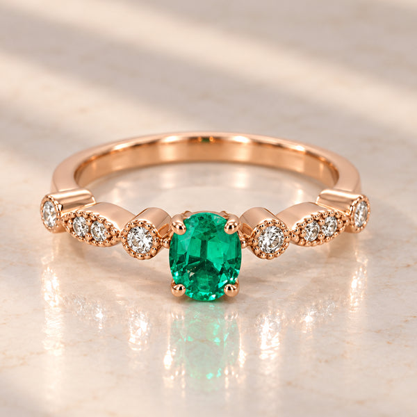 9ct Rose Gold Dress Ring Emerald (Lab Grown) & Diamonds