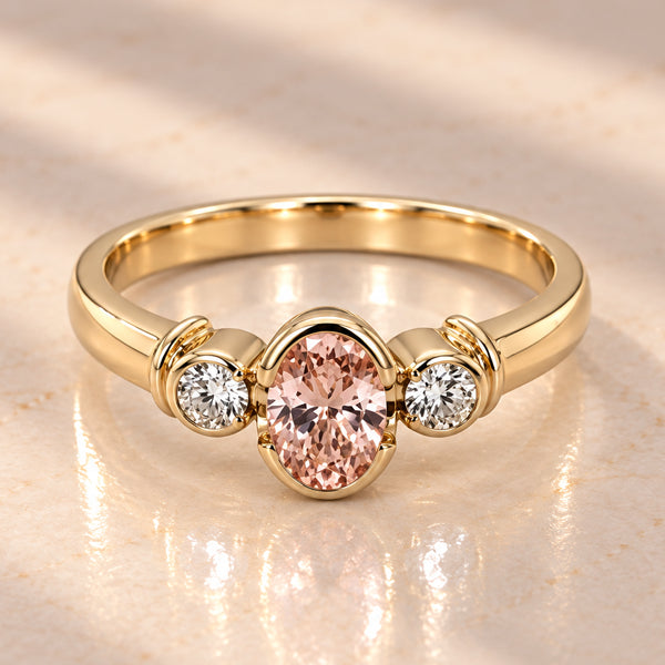 9ct Yellow Gold Rose Quartz & Lab Grown Diamond Ring