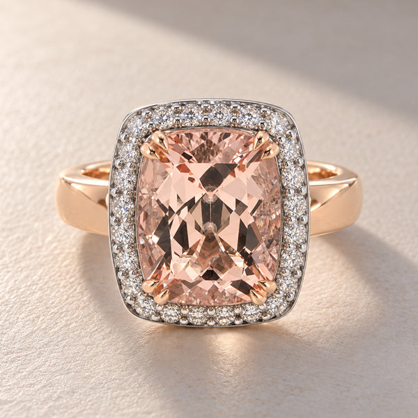18ct Rose & White Gold Morganite & Diamond Halo Dress Ring