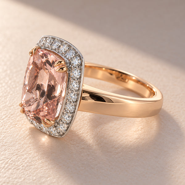 18ct Rose & White Gold Morganite & Diamond Halo Dress Ring