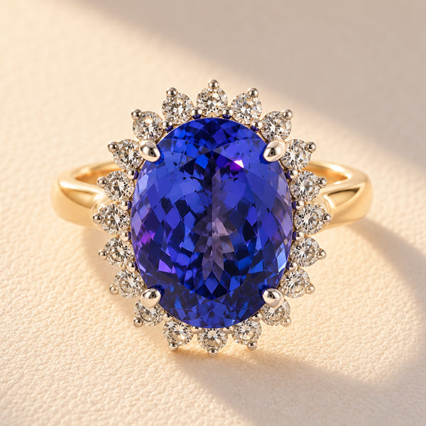5.18ct oval blue-violet tanzanite ring surrounded by a 0.42ct diamond halo, with split shoulders in 18ct yellow and white gold.