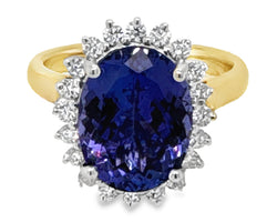 18ct Yellow/White Gold Tanzanite & Diamond Halo Ring TZ=5.18ct DI=0.42ct
