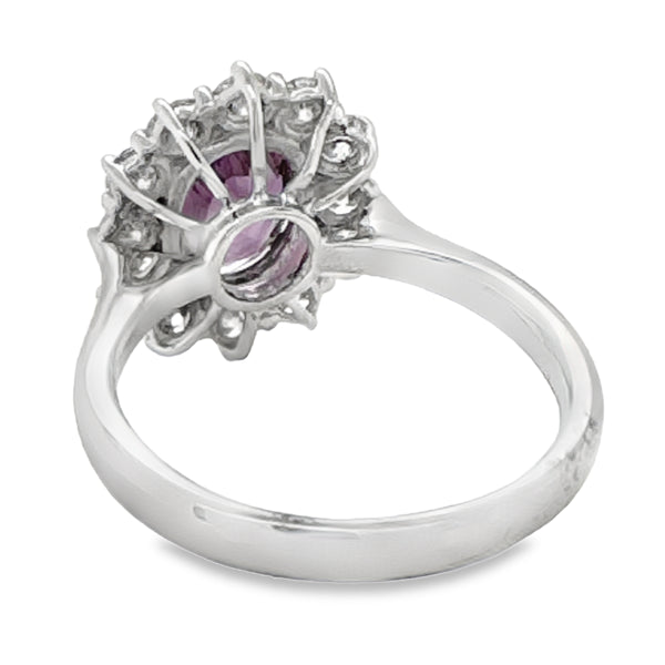 18ct White Gold Pink Sapphire & Diamond Halo Ring SA=1.17ct DI=0.95ct