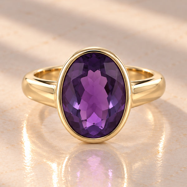 9ct Yellow Gold Rubover Set Oval Cut Amethyst Ring
