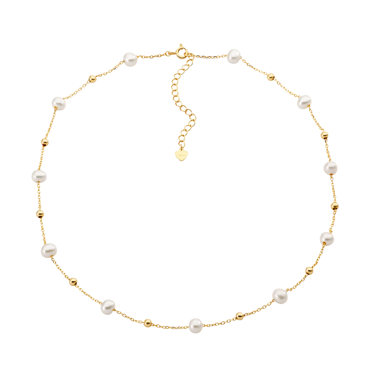 Sterling Silver Freshwater Pearl And Ball 40+ 5Cm Necklace, Gold Plated