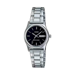 Casio Ladies Analogue Watch Day/Date, Wr, Silver Black Dial Ss Band