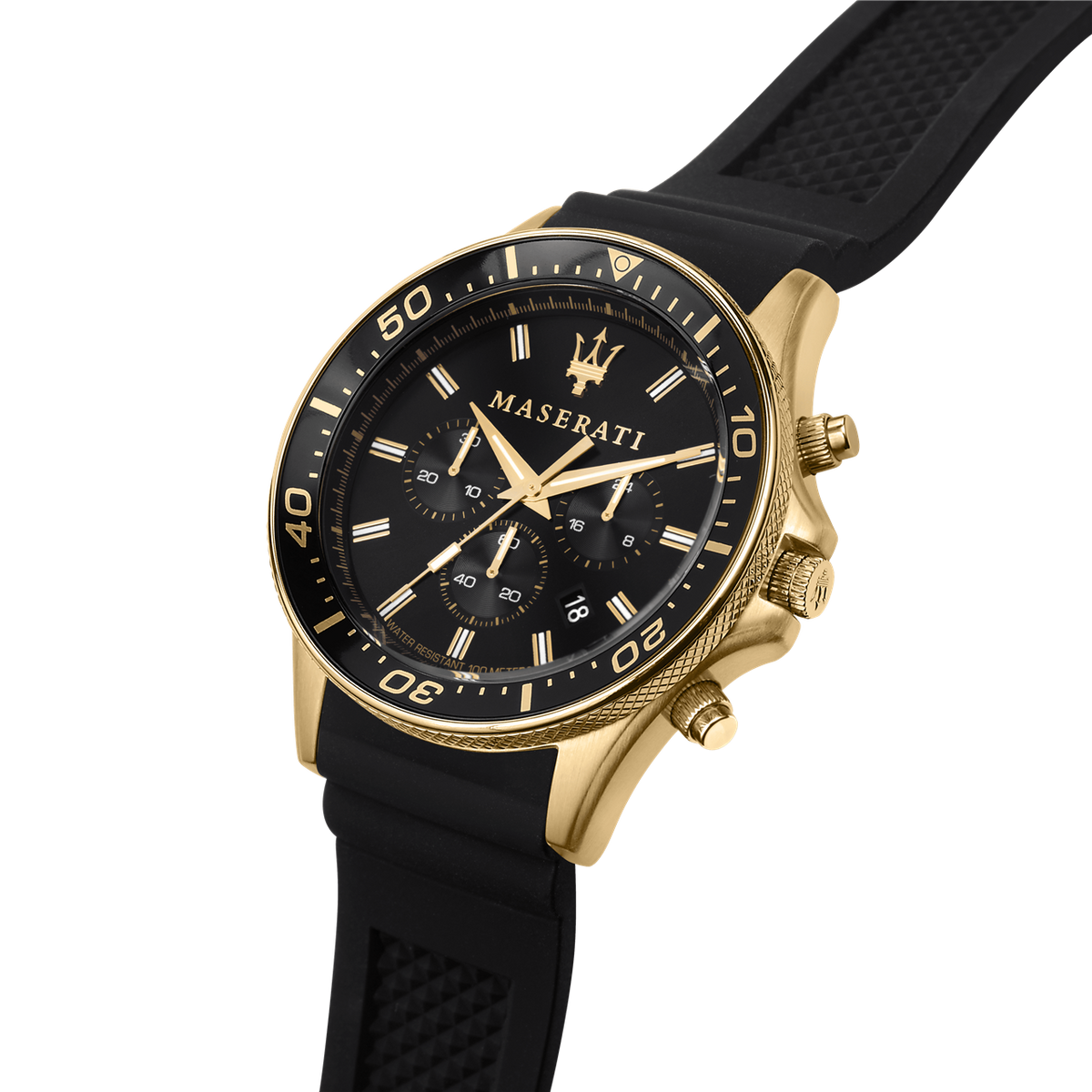 MASERATI SFIDA 44mm, Chronograph, Yellow Gold PVD case, Screw Case Back and Crown, Silicon Strap, WR 100m