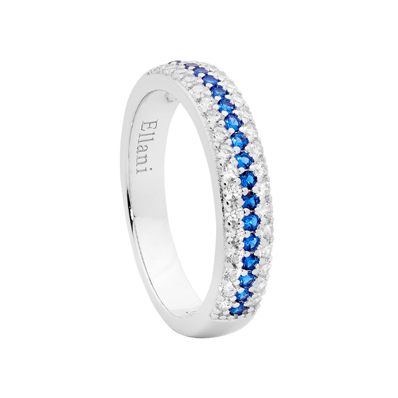 Ellani Sterling Silver 3 Row Ring With White & Blue Cz