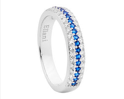 Ellani Sterling Silver 3 Row Ring With White & Blue Cz