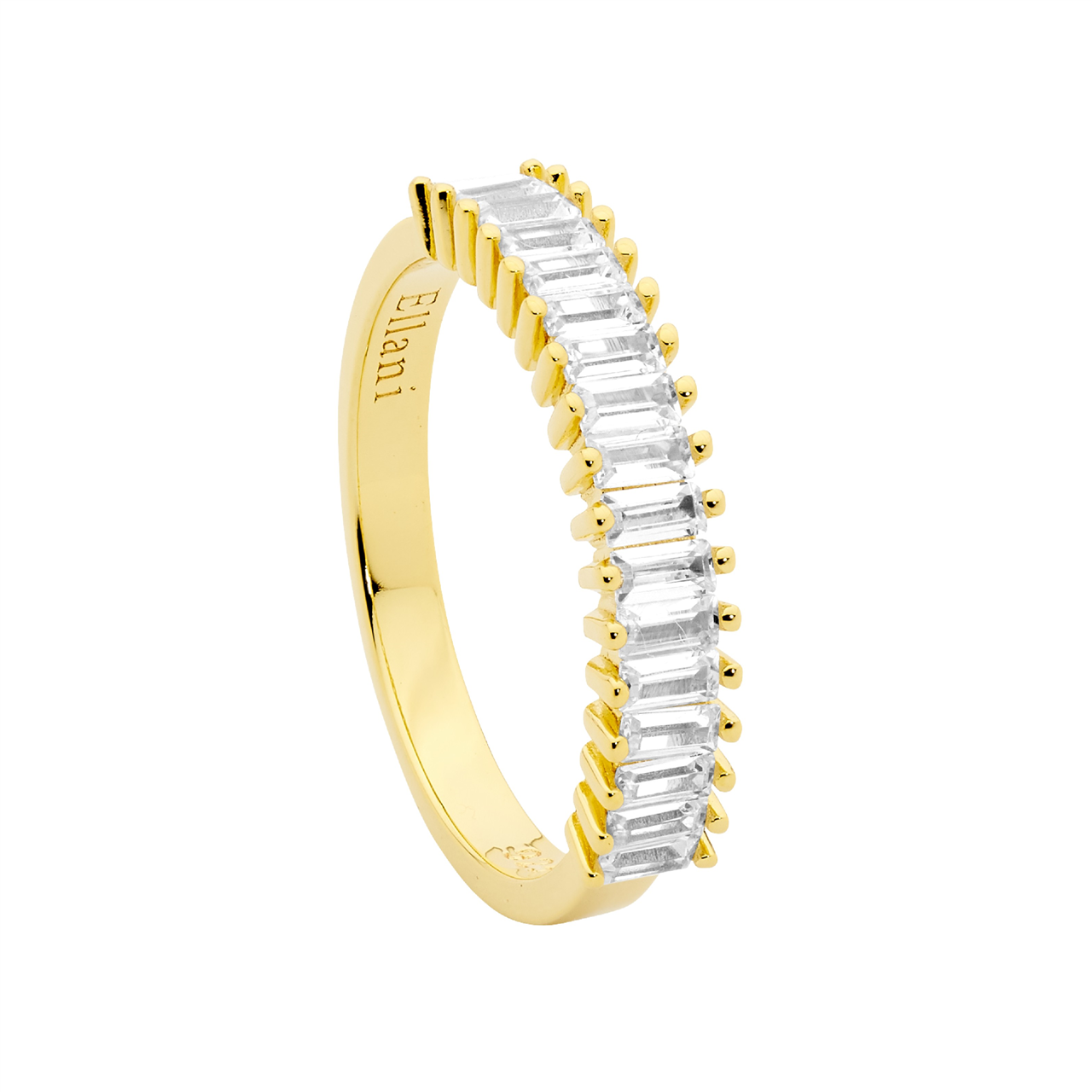 Ss Wh Cz Claw Set Baguette Ring W/ Gold Plating