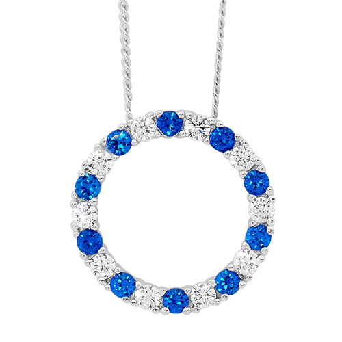 Ellani Silver Circle Pendant With White & Dark Blue Cz