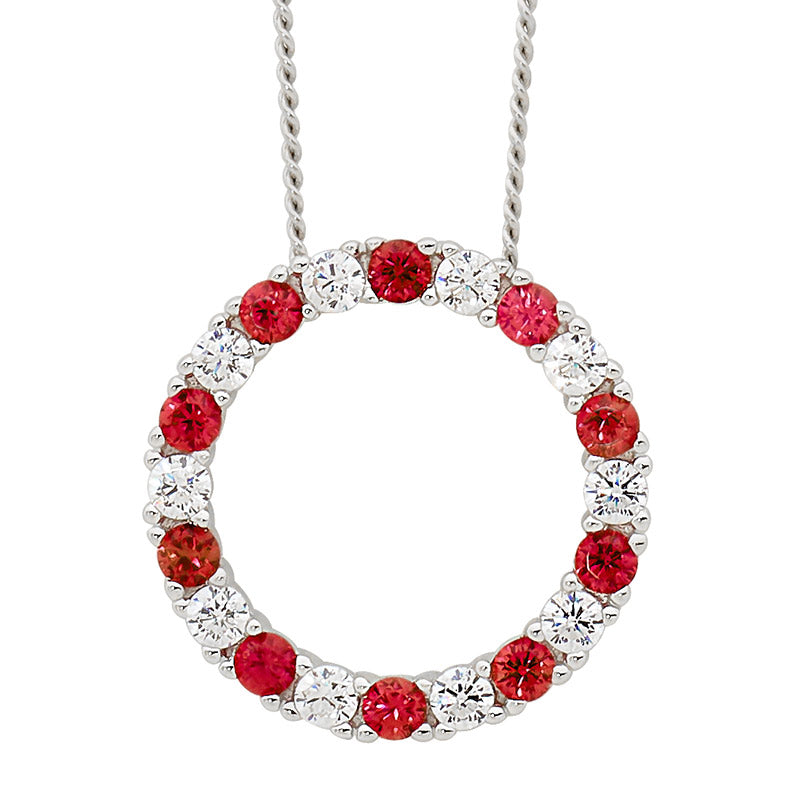 Ellani Silver Circle Pendant With White & Red Cz