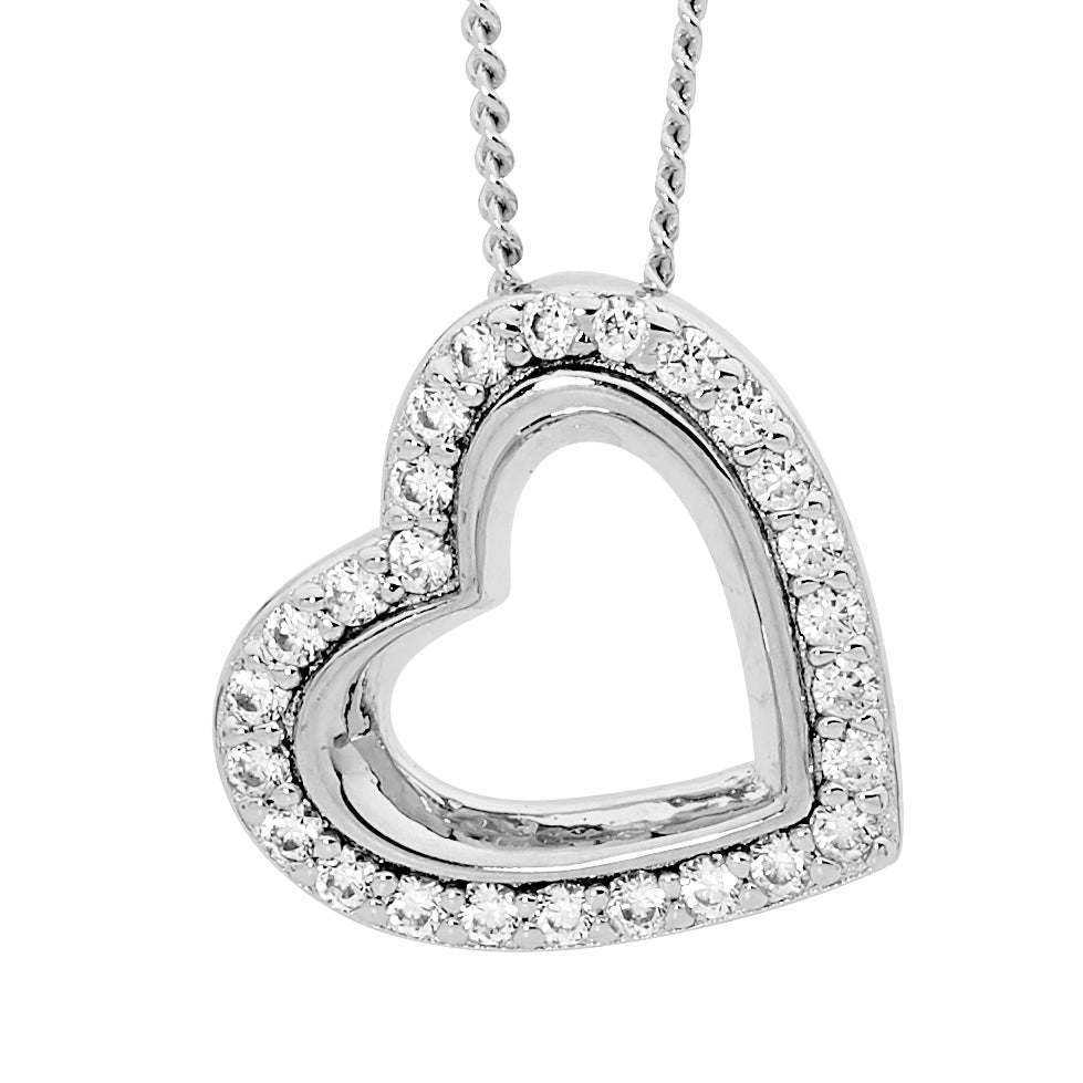 Ellani Sterling Silver Angled Heart Pendant With Cz