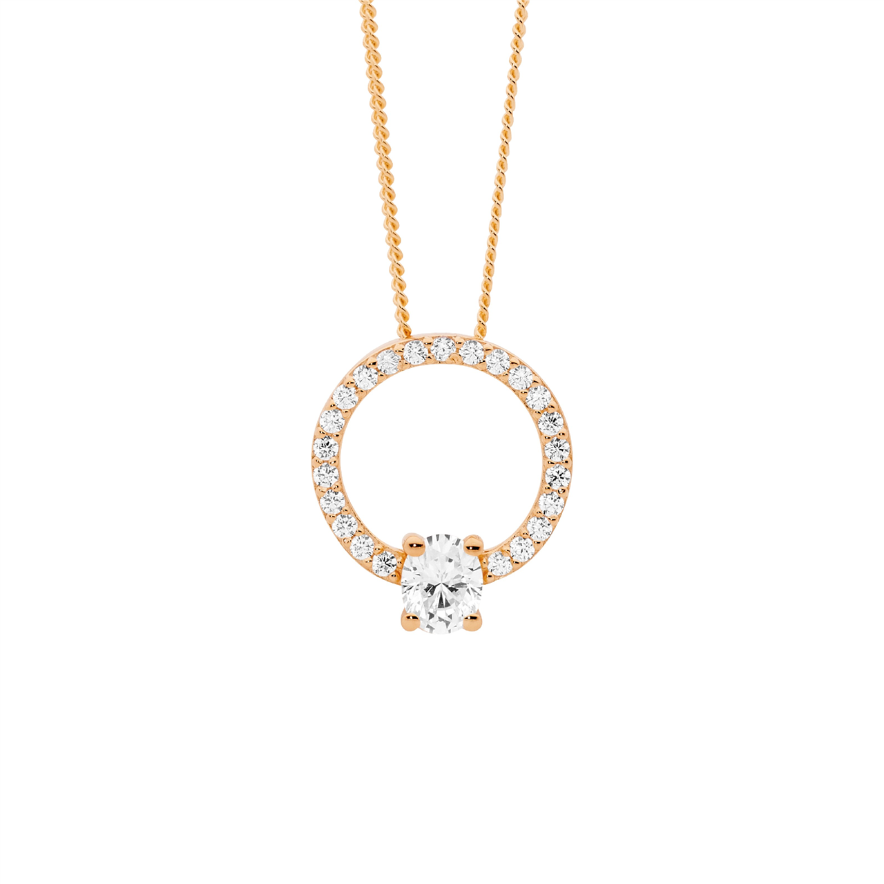Ellani Rose Gold Plated Open Circle Pendant With Oval Cz