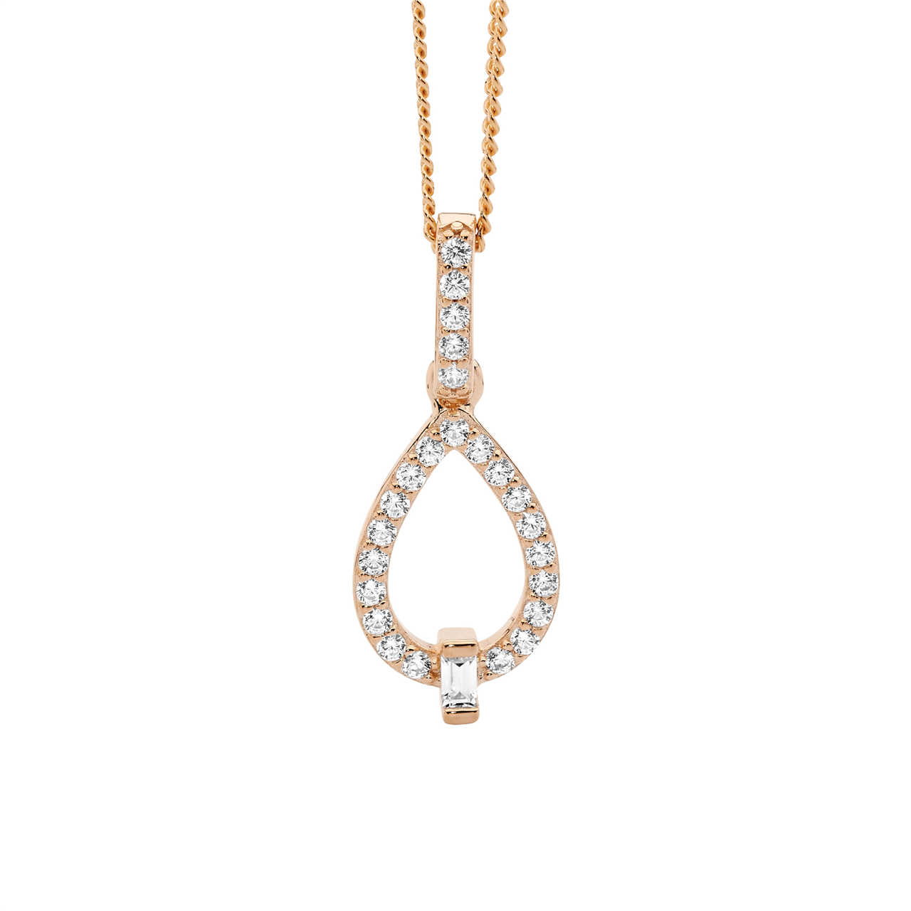 Ss Wh Cz Open Tear Drop Pendant W/ Baguette & Rose Gold Plating