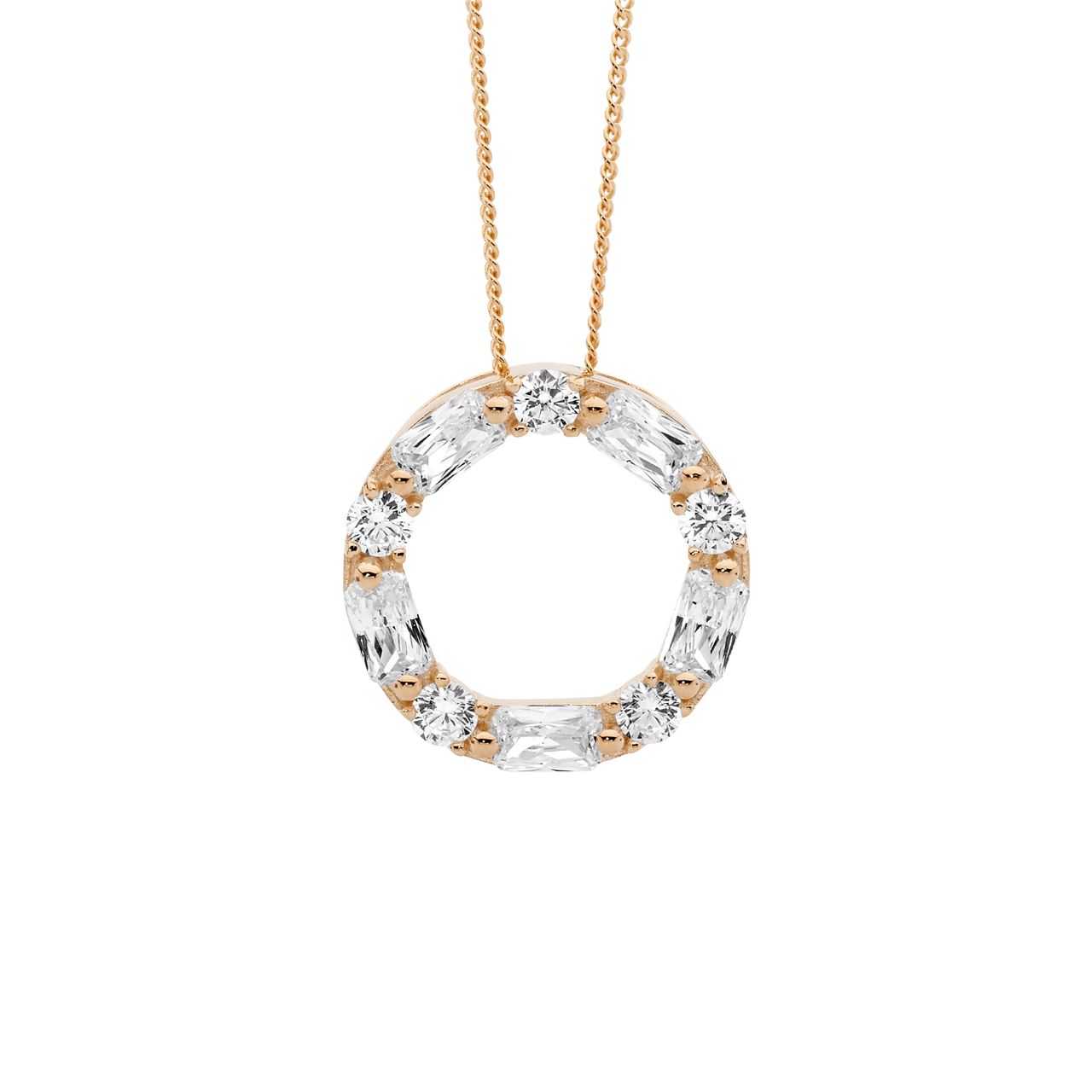 Ss Wh Cz Round & Baguette 18Mm Circle Pendant W/Rose Gold Plating