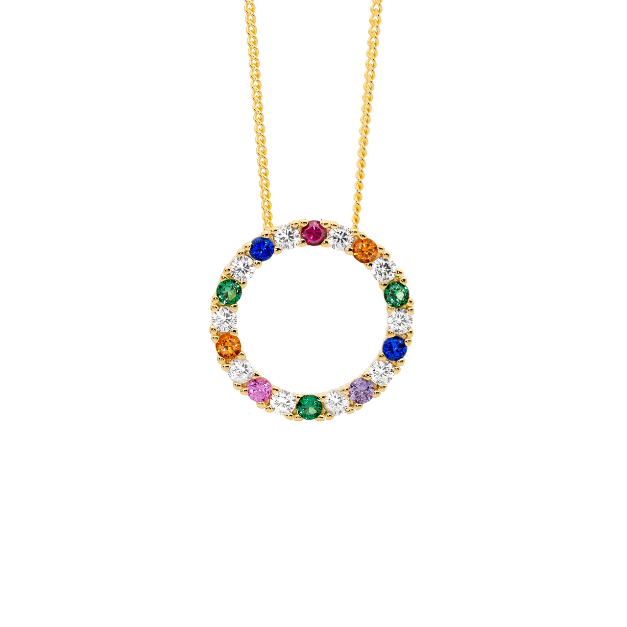Ss Wh & Multi Colour Cz 16Mm Open Circle Pendant W/Gold Plating