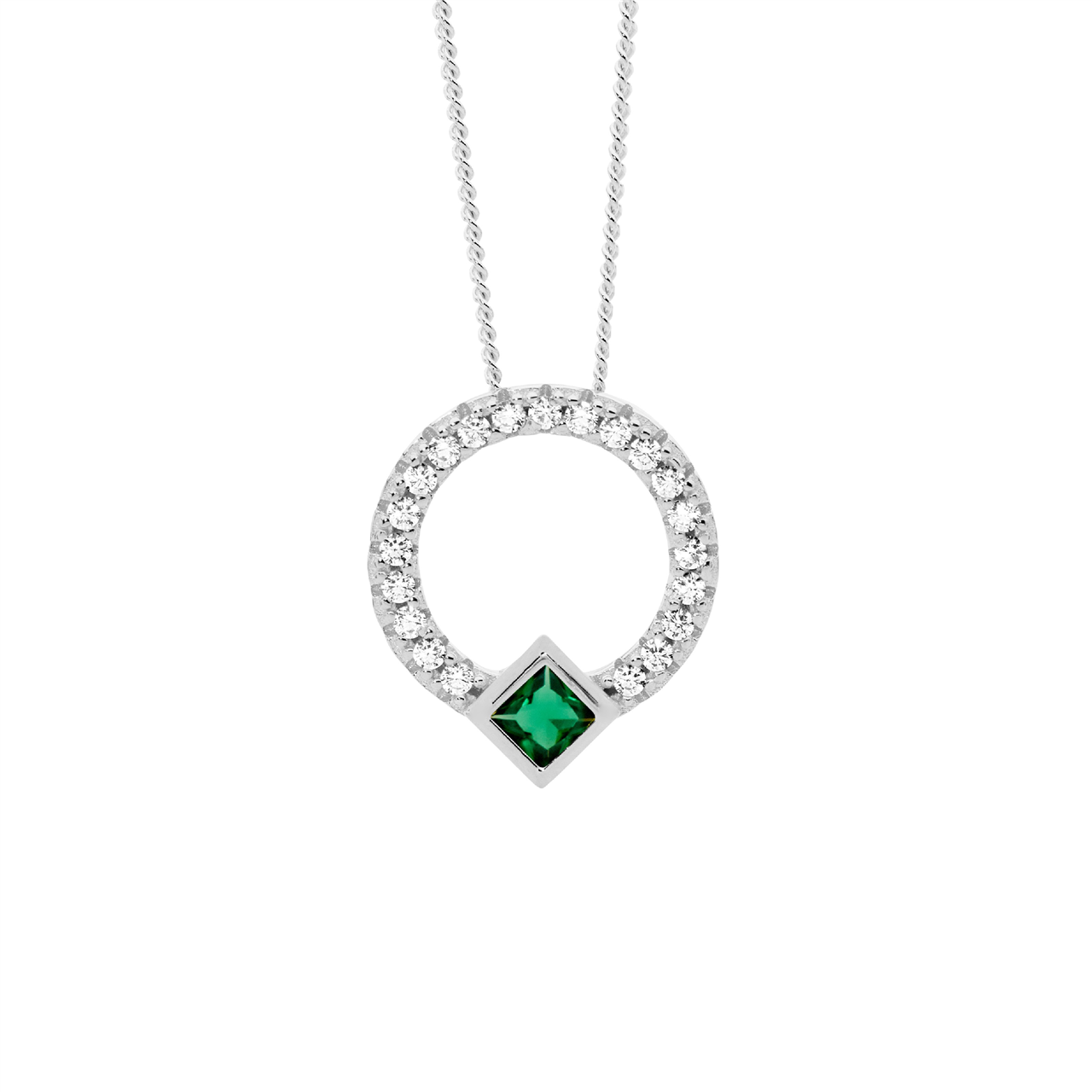 Ss Wh Cz 13Mm Open Circle Pendant W/ Green Cz Princess Cut Bezel Set