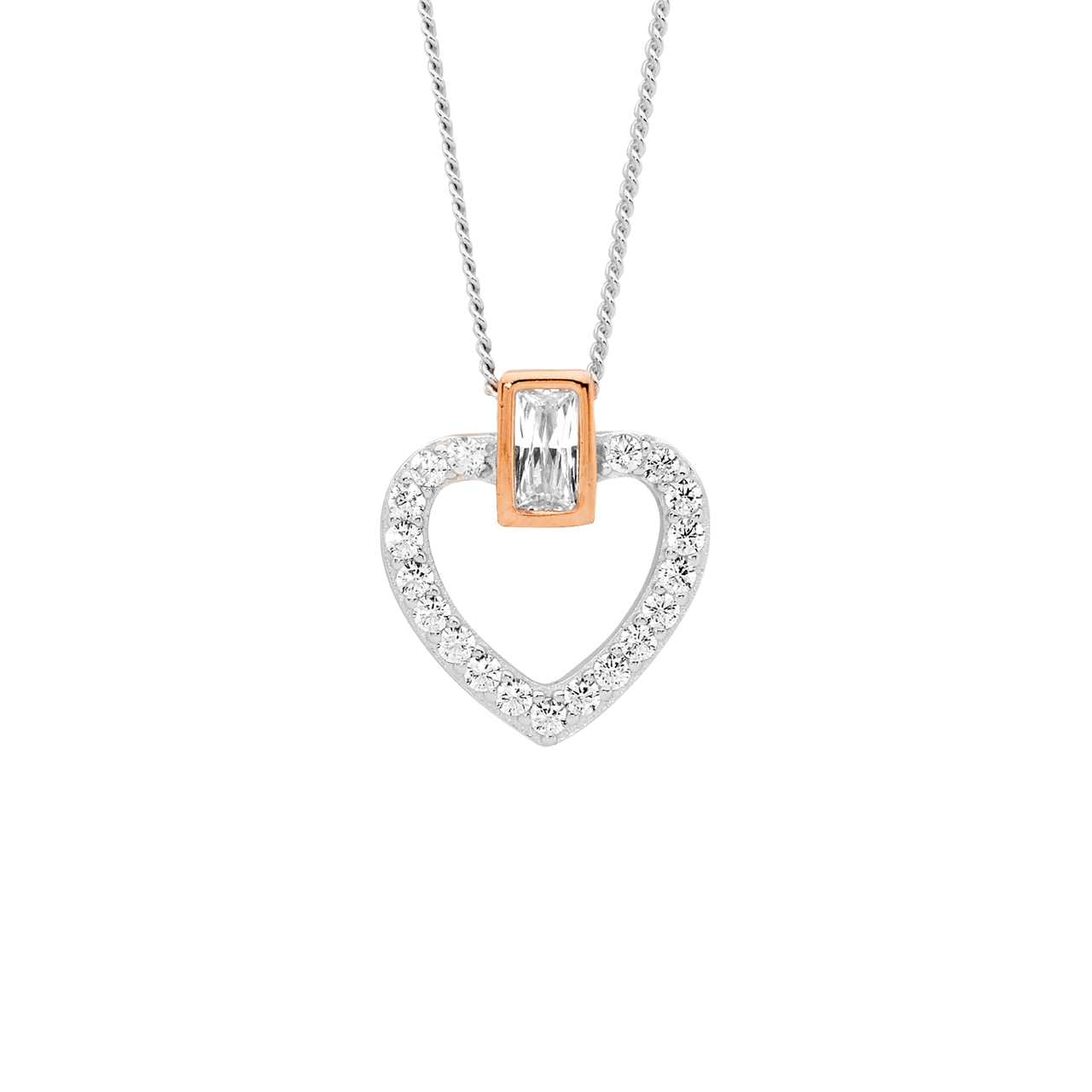 Ss Wh Cz Open Heart W/ Rose Gold Plated Bezel Set Baguette Pendant