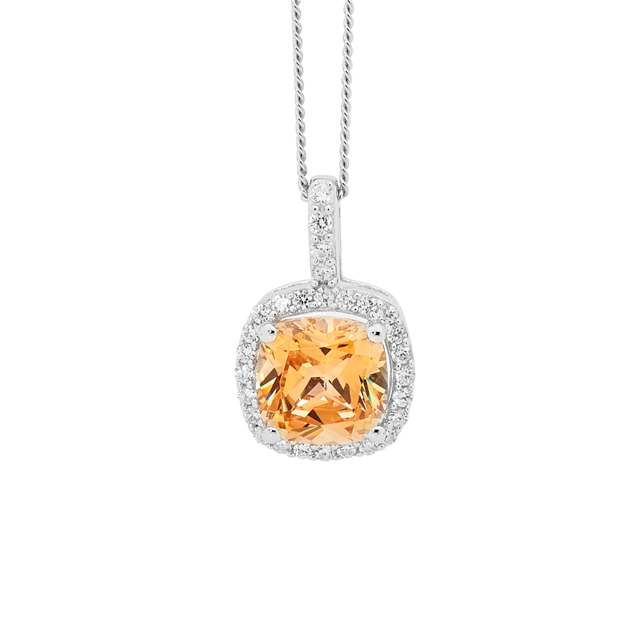 SS Fancy Yellow Cushion Cut CZ w/ WH CZ Surround Pendant