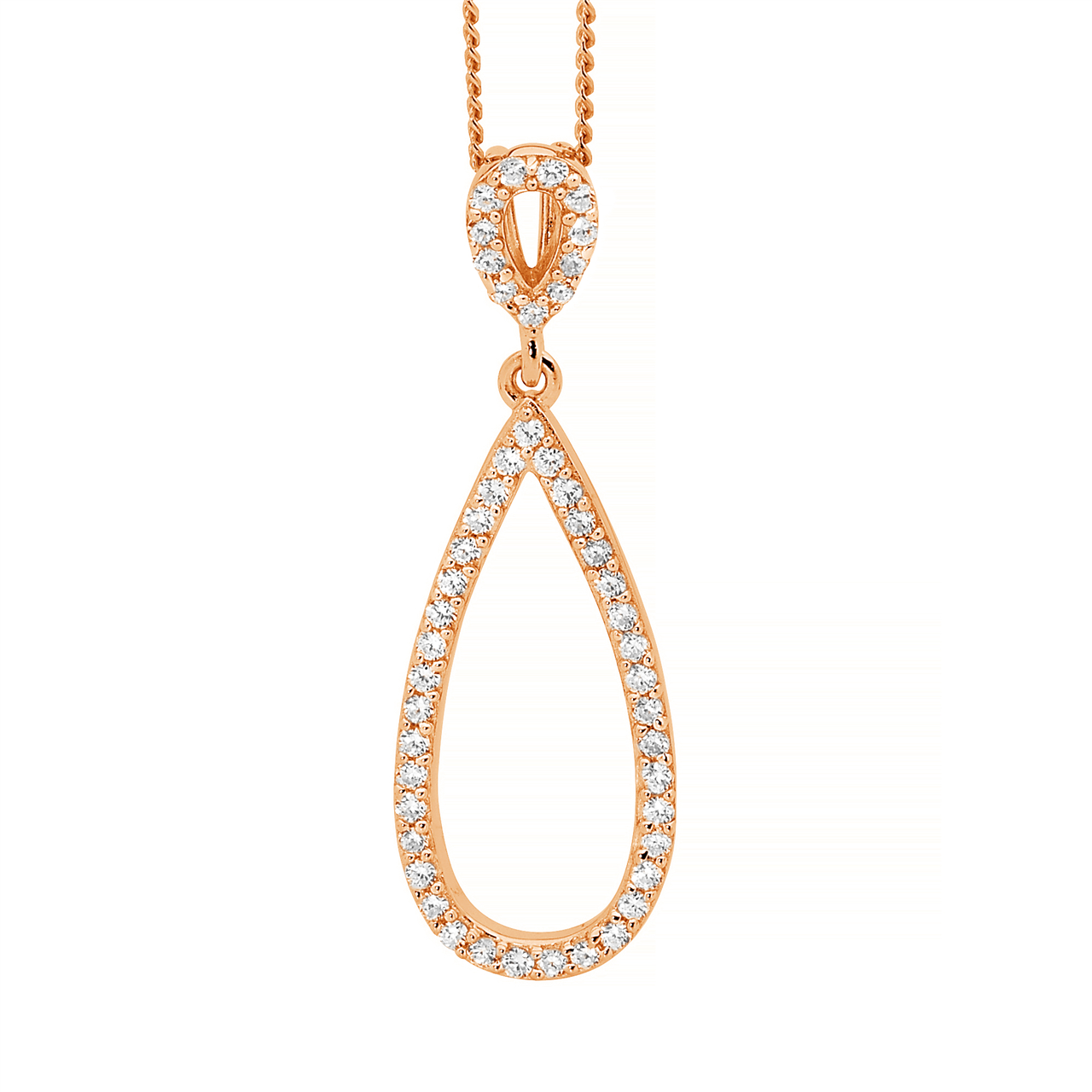 SS WH CZ Double Open Tear Pendant w/ Rose Gold Plating