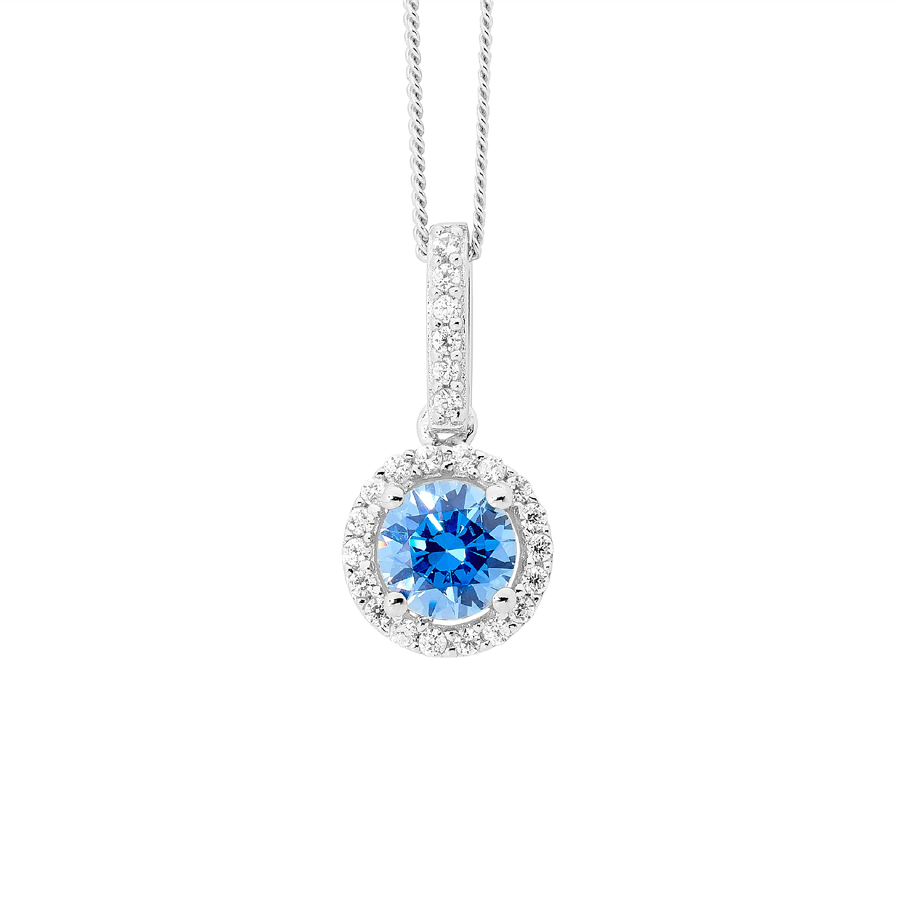 SS 6mm Round Fancy Blue CZ Drop Pendant w/ WH CZ surround