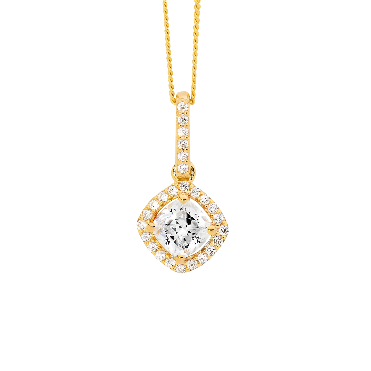 SS WH CZ Cushion Cut, cz surround Drop Pendant w/Gold Plating