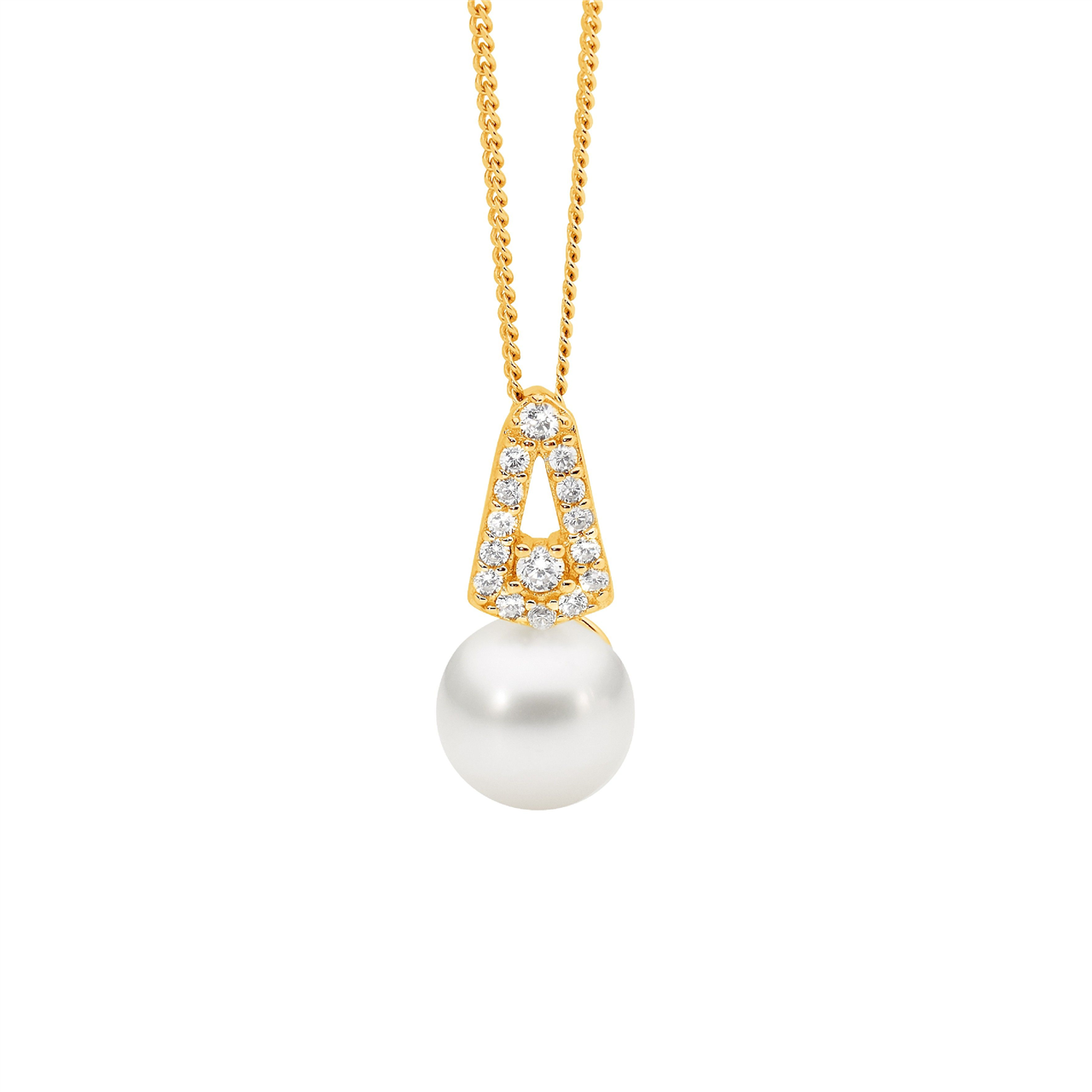 Ss Wh Cz Open Drop V Pendant W/Freshwater Pearl & Gold Plating