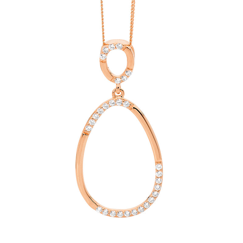 SS WH CZ 2x Oval Drop Pendant w/ Rose Gold Plating