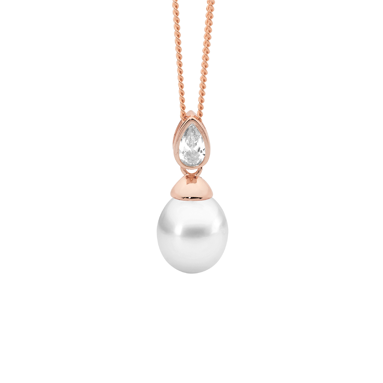 Ss Bezel Wh Cz Pear, Freshwater Pearl Pendant W/Rose Gold Plating