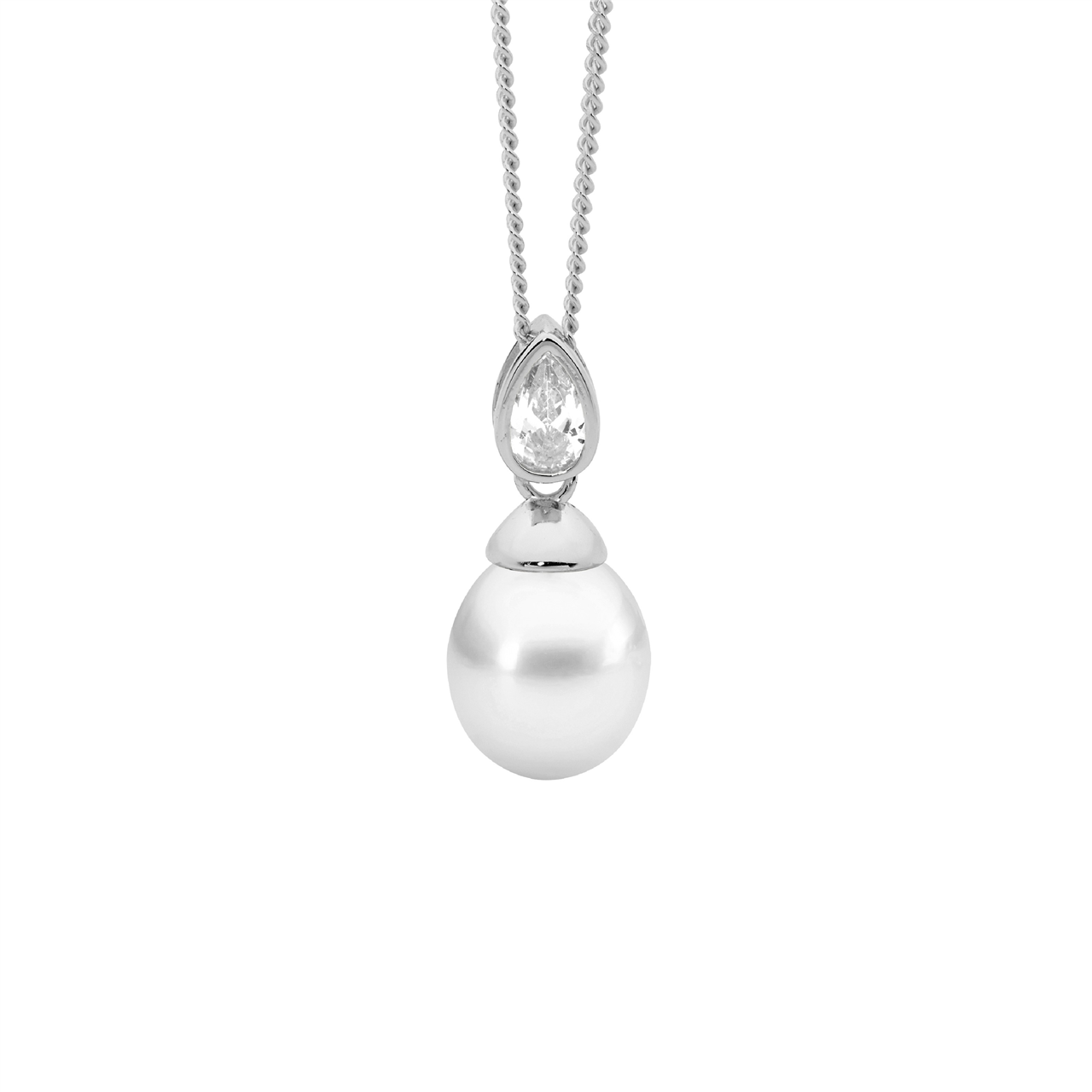 Ss Bezel Wh Cz Pear W/ Freshwater Pearl Pendant