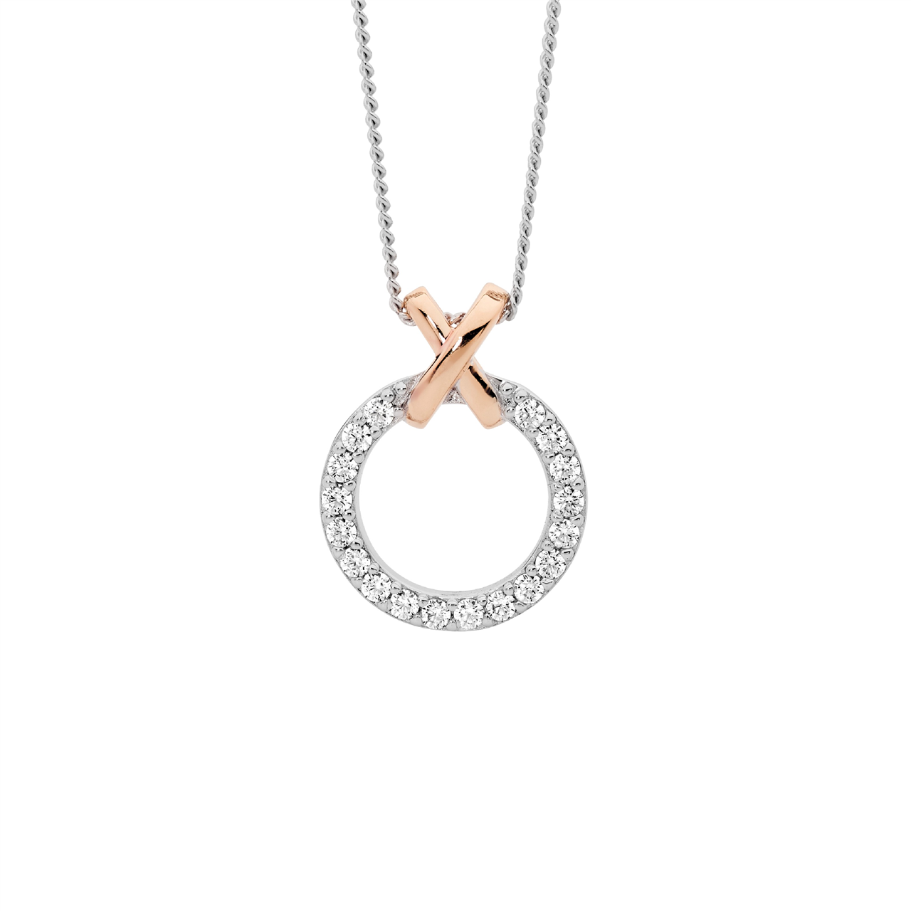 Ss Wh Cz 13Mm Circle W/Rose Gold Plated X" Pendant