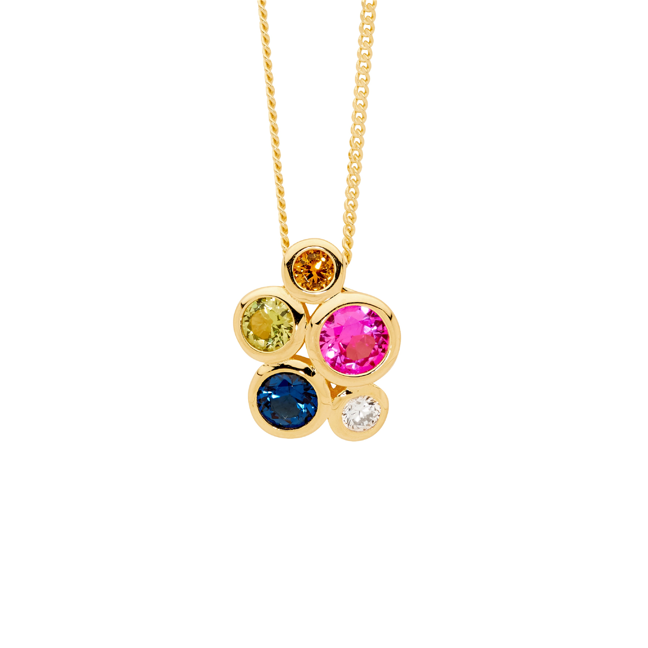 Sterling Silver Bezel Set Multi Colour Cz Cluster Pendant W/Gold Plating