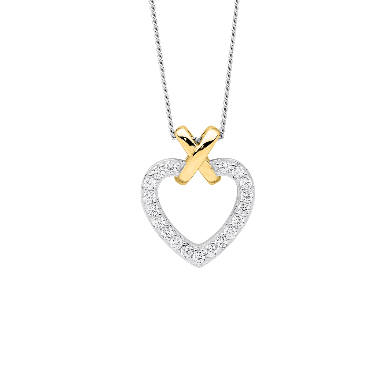 Sterling Silver Wh Cz Heart W/Gold Plated X Pendant