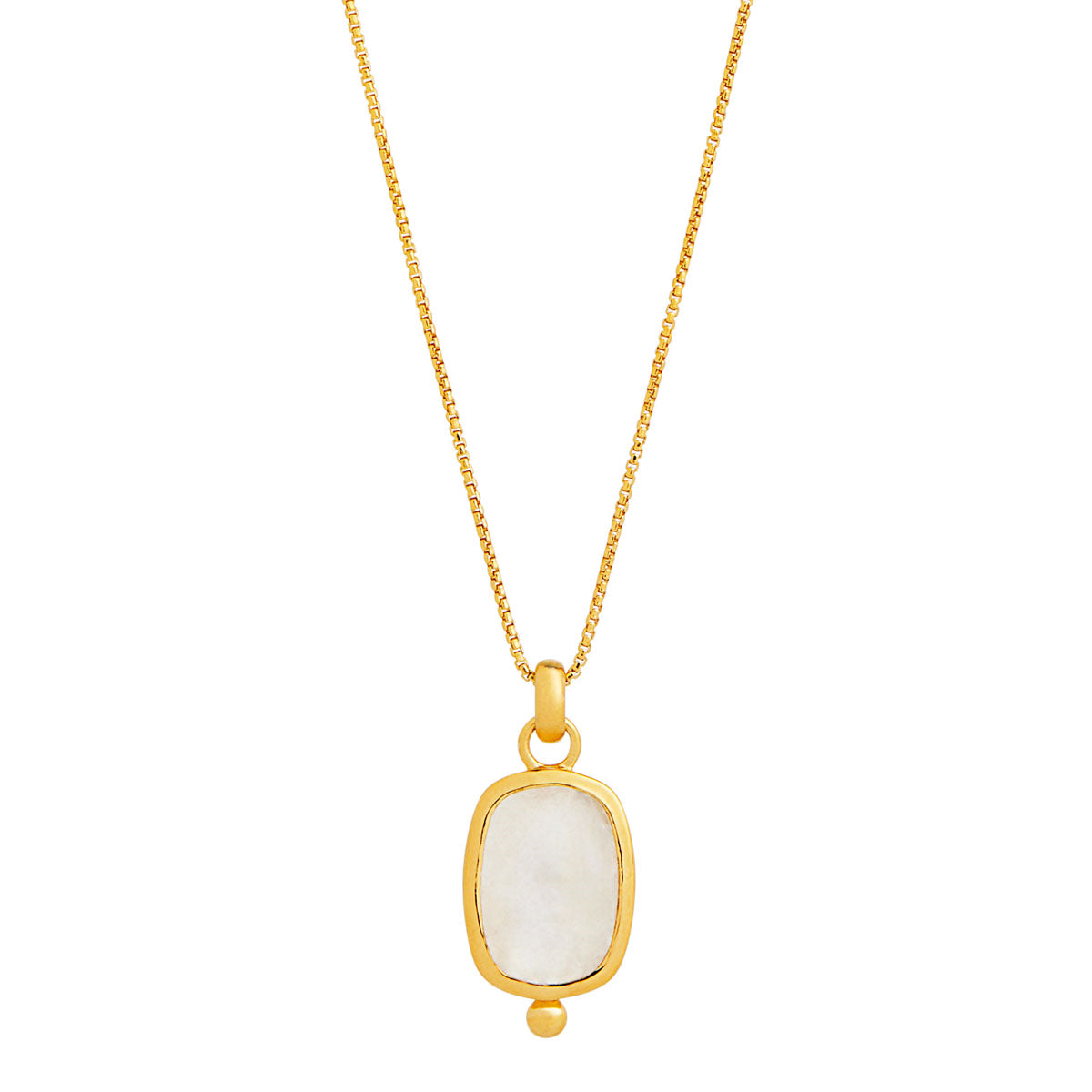 Rectangular Cabochon Rainbow Moonstone In Yellow Gold Plated Silver Setting With Bale On Chain