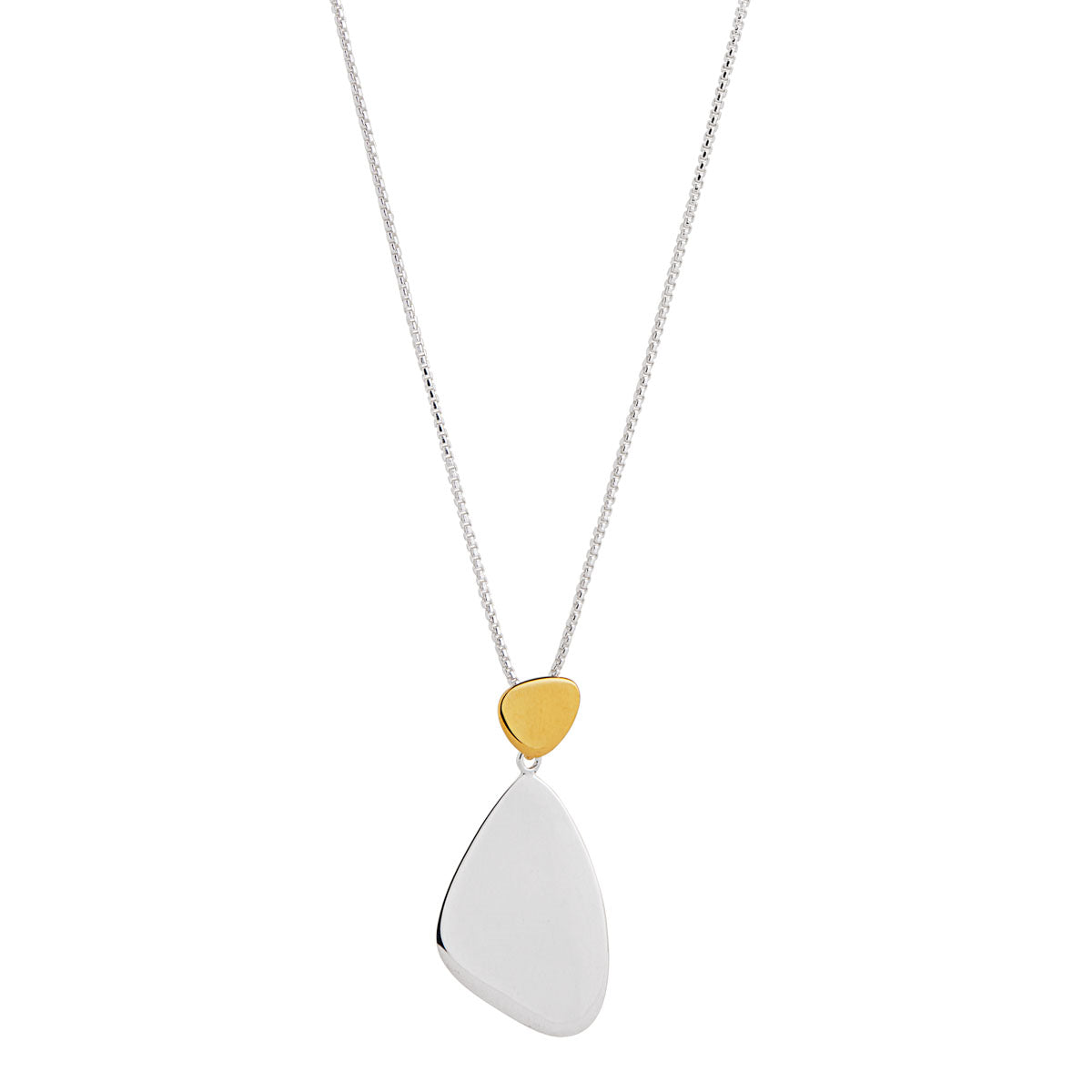 Silver Triangle Hanging From Small Yellow Gold Plated Triangle With Bale At Back, On Chain