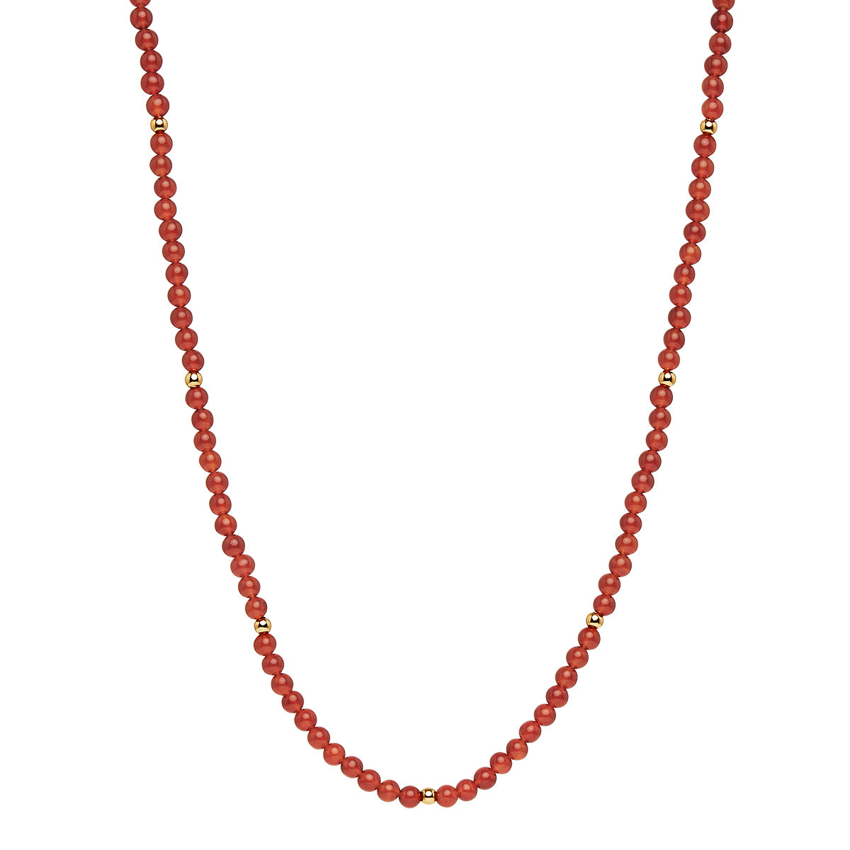 4Mm Round Red Onyx & 3Mm Yellow Gold (14K 1Mc) Plated Silver Bead Necklace, 42Cm +5Cm Ext