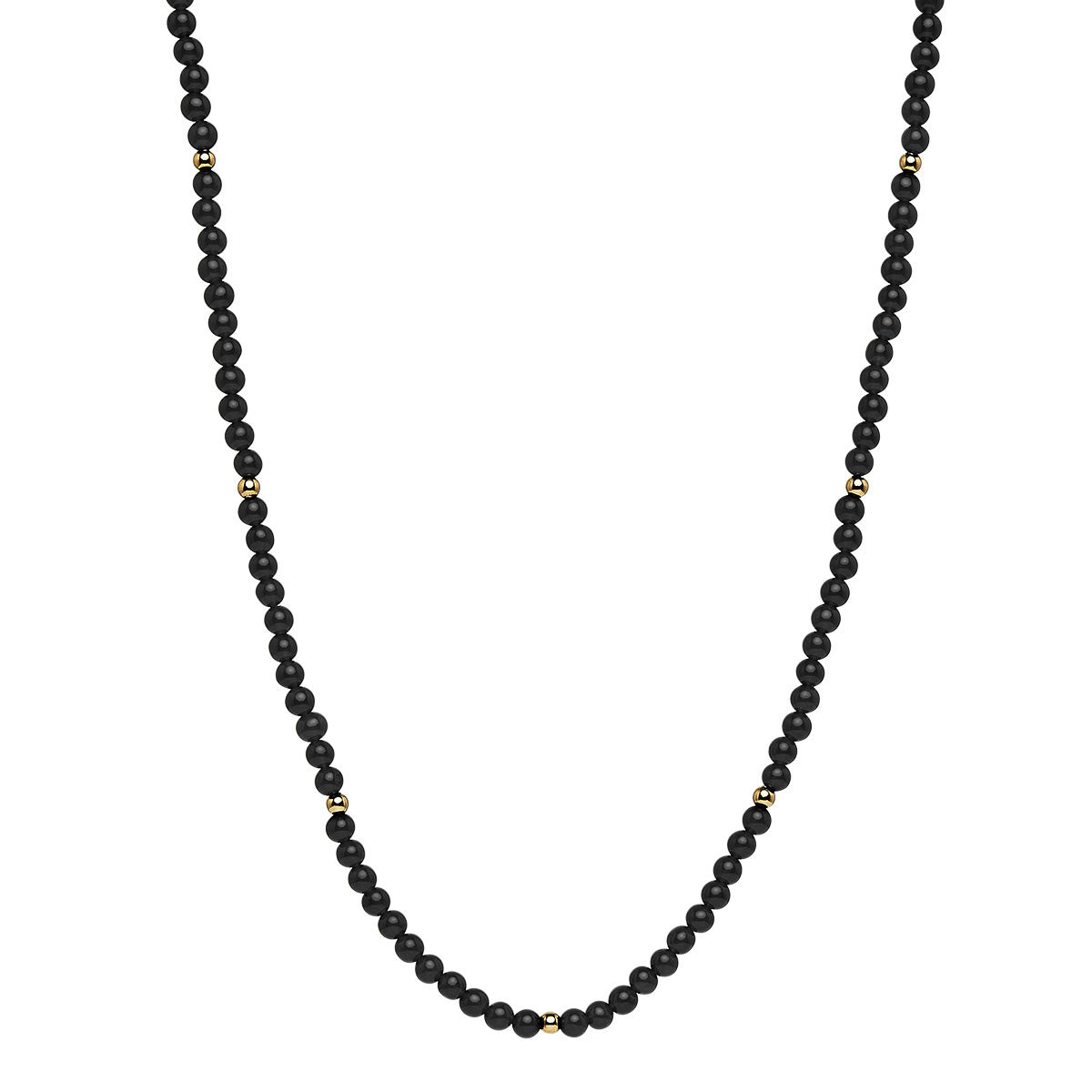 4Mm Round Black Onyx & 3Mm Yellow Gold (14K 1Mc) Plated Silver Bead Necklace, 42Cm +5Cm Ext