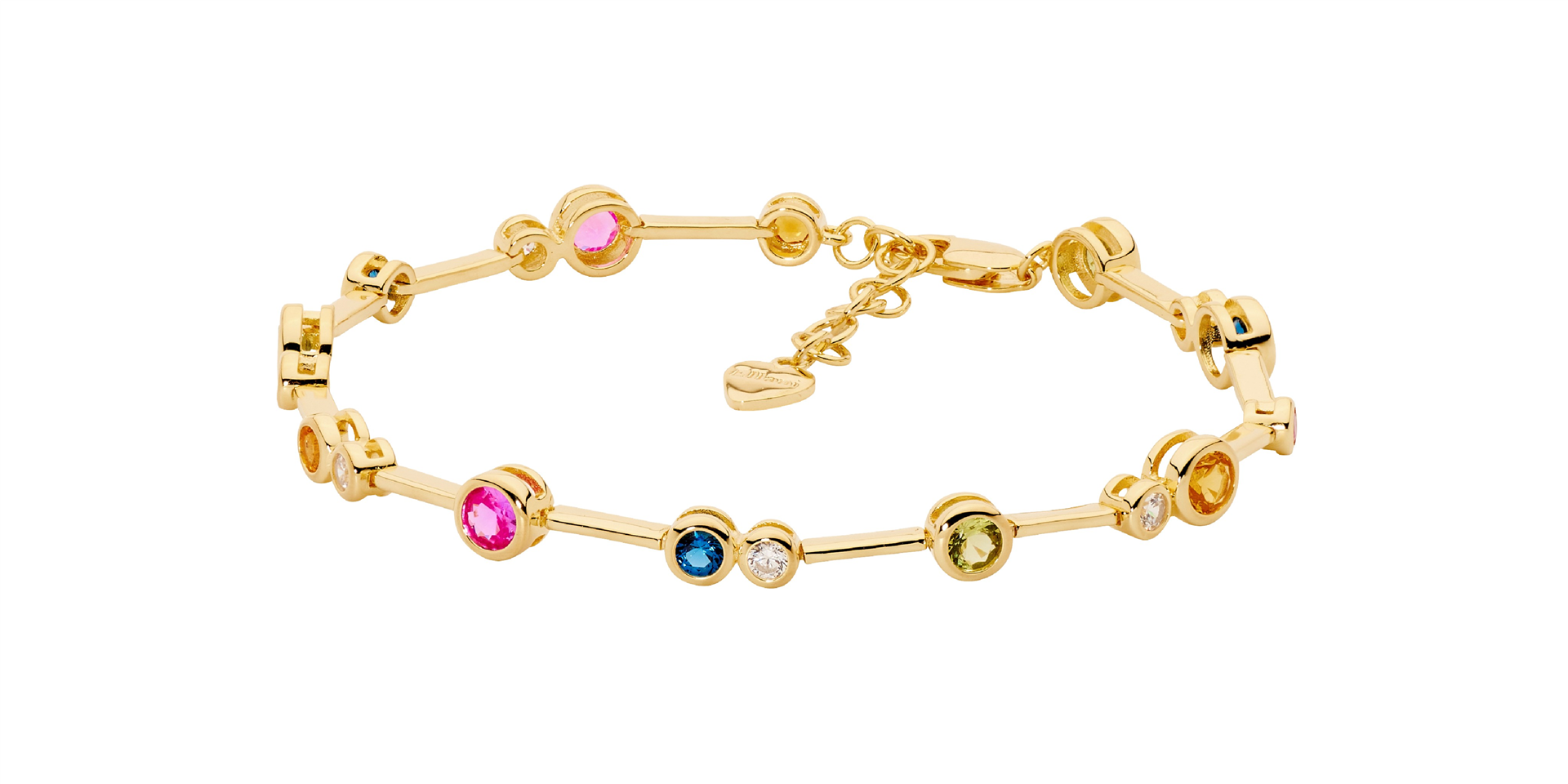 Sterling Silver Bezel Set Multi Colour Cz Bar Bracelet W/Ext Chain, Gold Plating