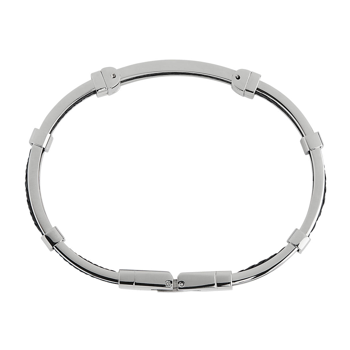 9mm Wide Stainless Steel & Plaited Black Leather Hinged Bracelet, 72mm Inner Diam