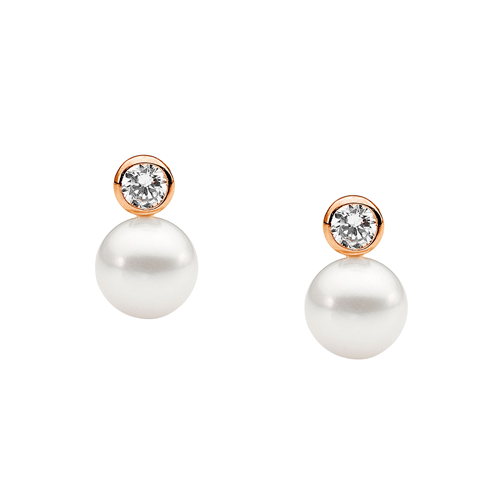 Ellani Rose Gold Plated Freshwater Pearl stud Earrings With Cz