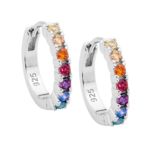 Ellani Silver Hoop Earrings With Multi Coloured Cz