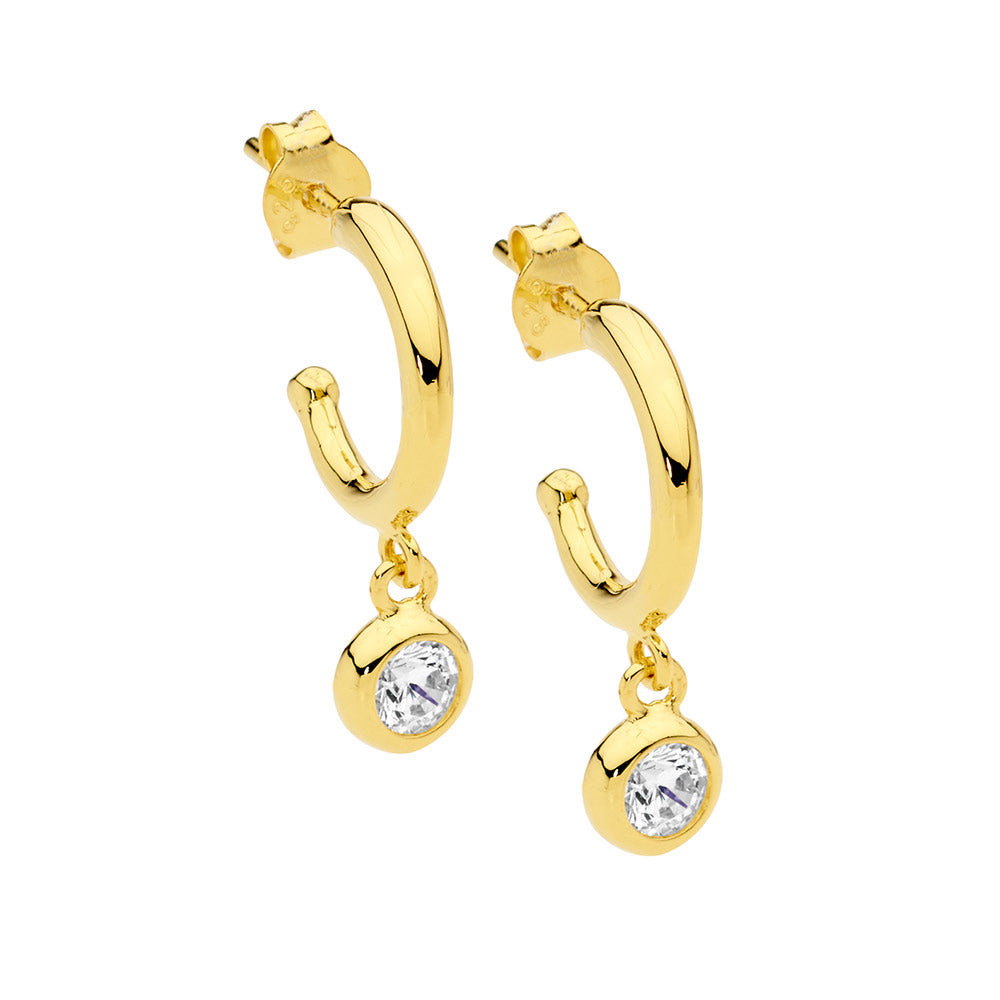Ellani Yellow Gold Plated Hoop Earrings With White Cz Drop