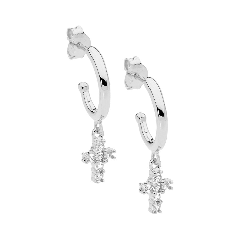 Ellani Silver Hoop Earrings With Cz Cross Drop