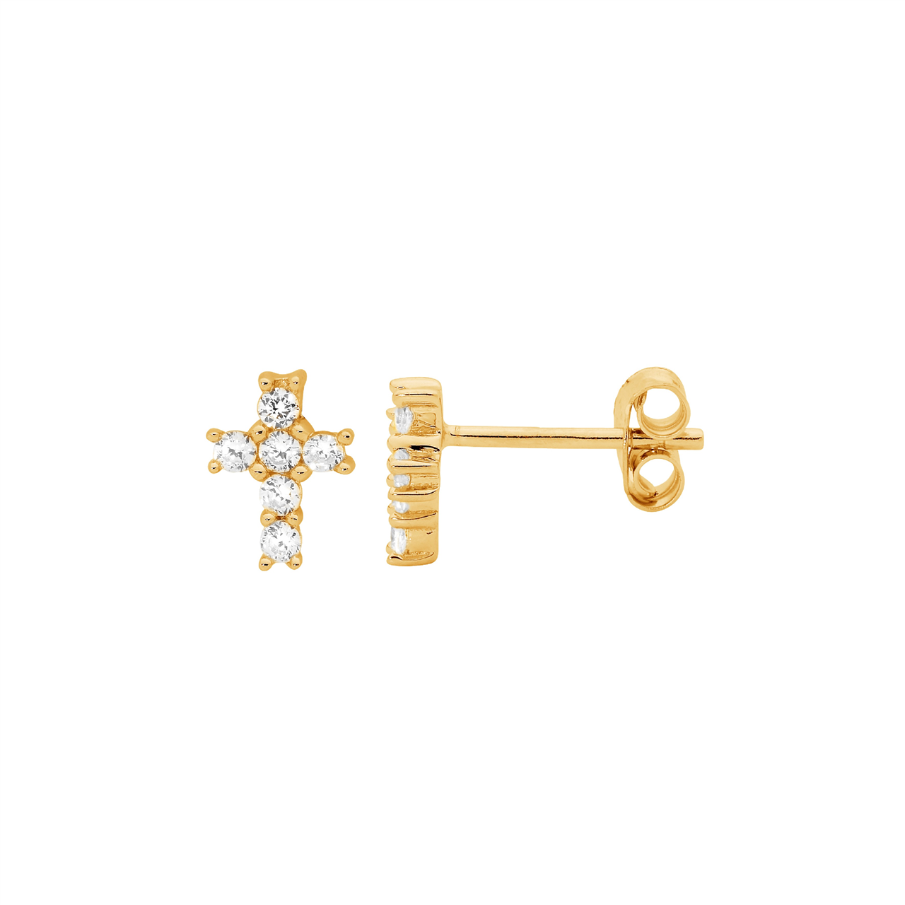 Ellani Yellow Gold Plated Cross Stud Earrings With Cz
