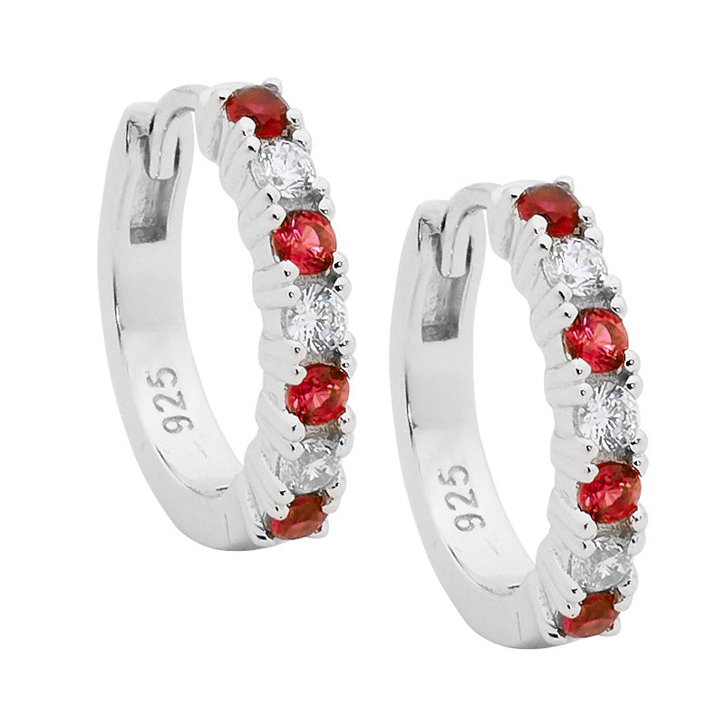 Ellani Silver Hoop Earrings With White & Red Cz