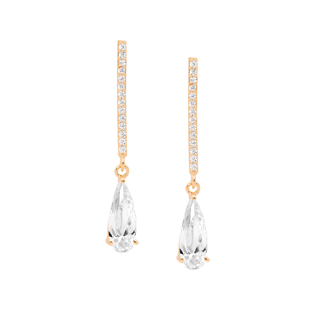 Ellani Rose Gold Plated Drop Bar, Long Tear Earrings With Clear Cz
