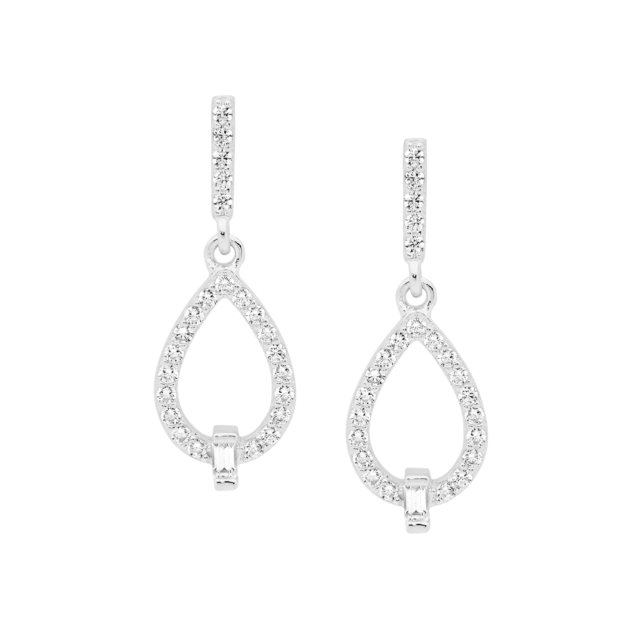 Ss Wh Cz Open Tear Drop Earrings W/ Baguette